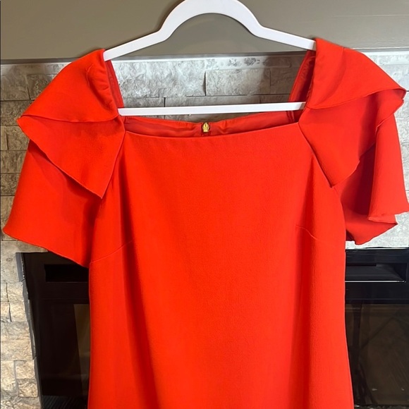 Trina Turk Red Orange Sheath Party Dress, Square Neckline Tiered Sleeves, size 4 - Picture 6 of 13